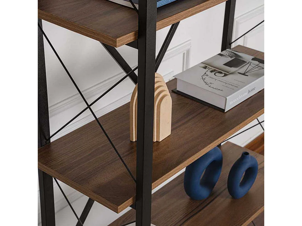 Estante elegante em nogueira e preto, 90 x 180 x 33,5 cm | Painel de partículas 100% revestido em melamina, estrutura de metal | Montável na