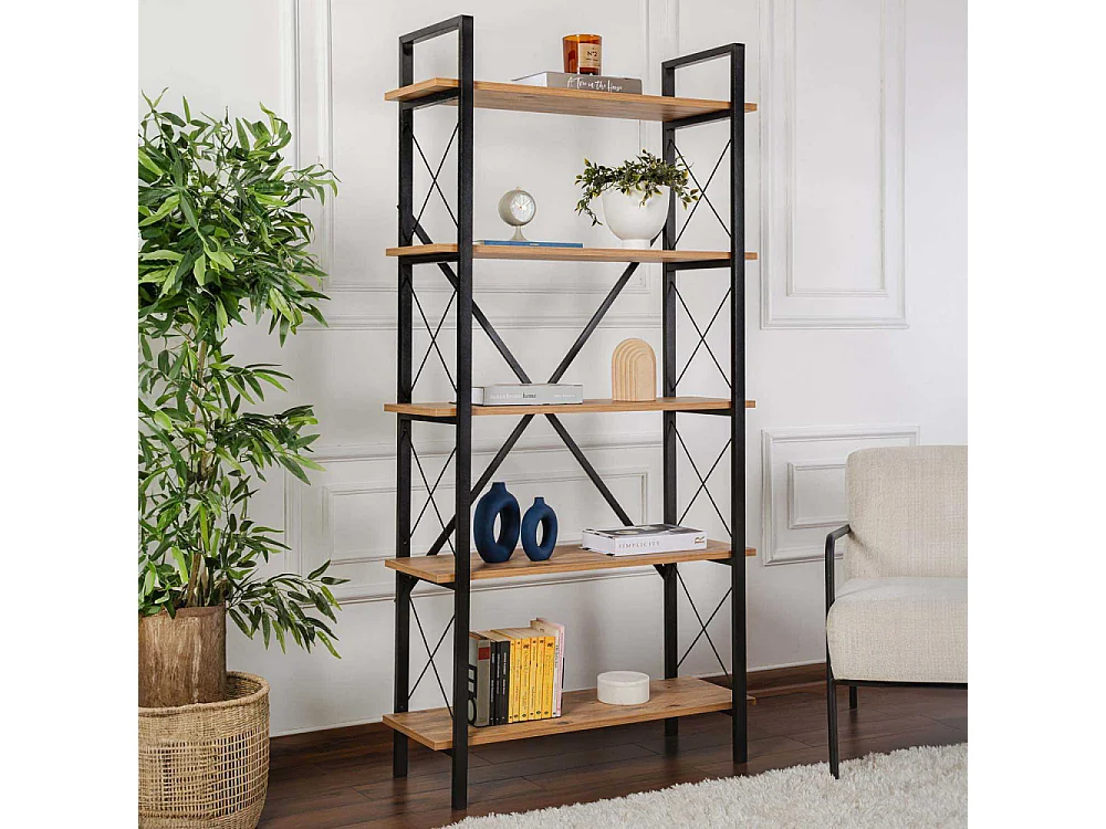 Estante elegante com estrutura de metal, pinho atlântico e preto, 90 x 180 x 33,5 cm | 100% revestida em melamina, para montagem na parede,