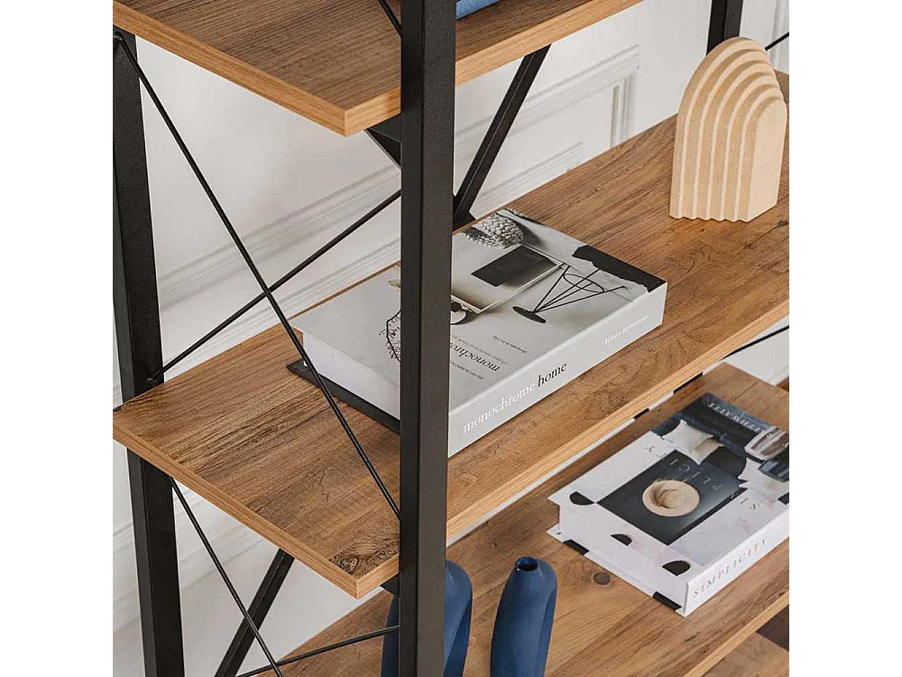 Estante elegante com estrutura de metal, pinho atlântico e preto, 90 x 180 x 33,5 cm | 100% revestida em melamina, para montagem na parede,