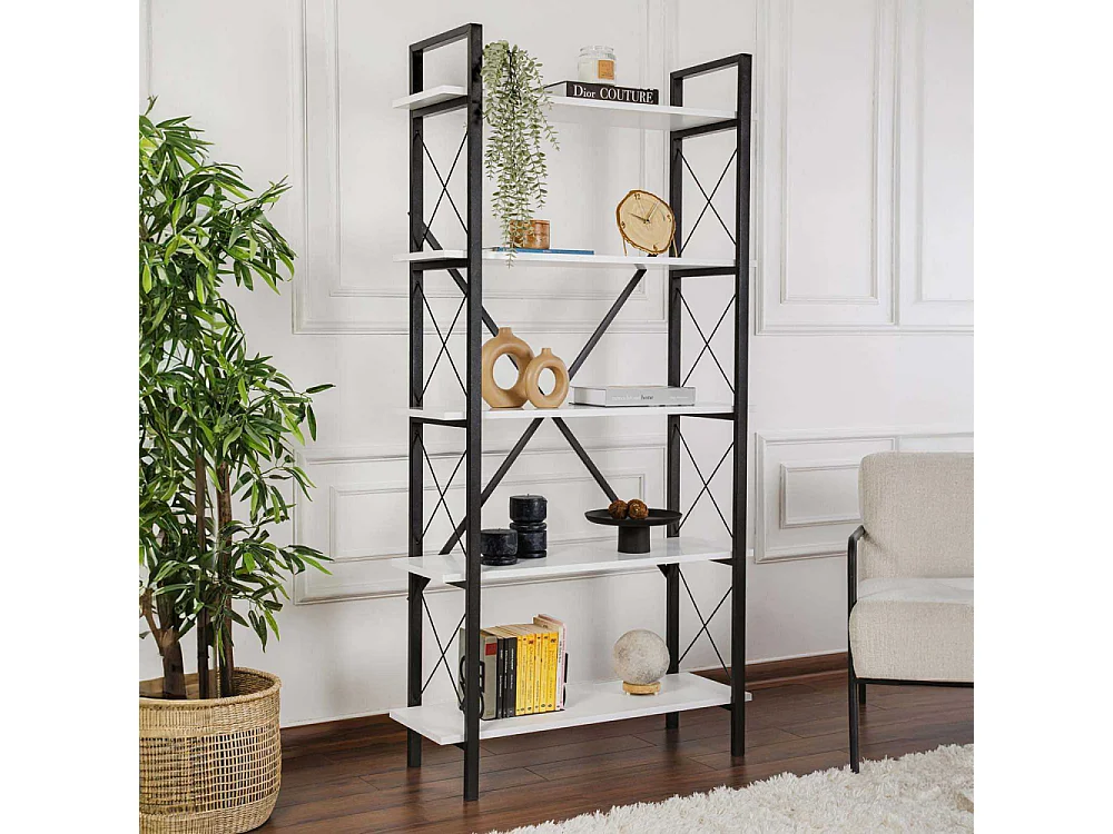 Estante elegante com estrutura de metal, 90 x 180 x 33,5 cm | Painel de partículas 100% revestido de melamina, montável na parede, branco e