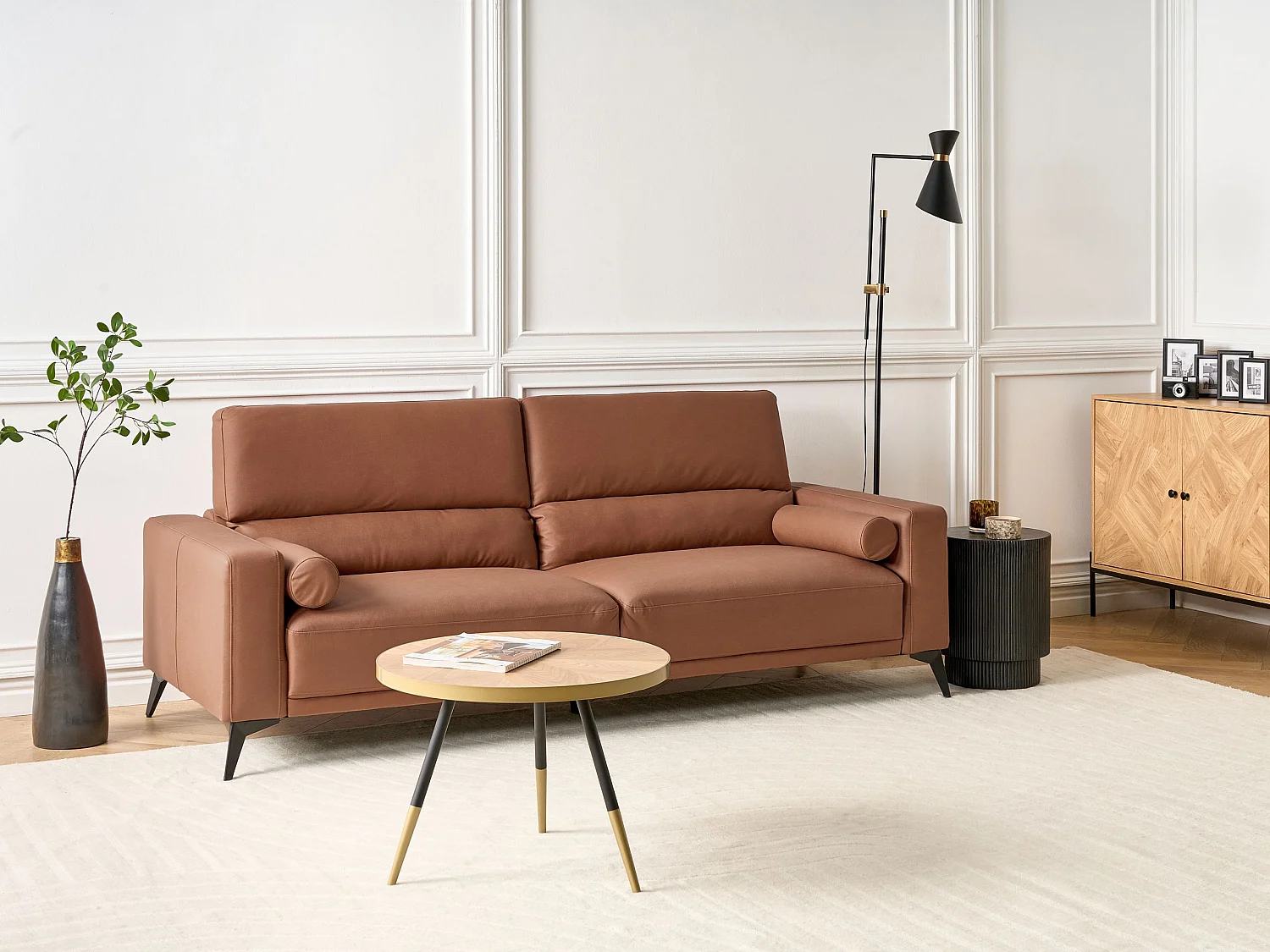 Sofa Kunstleder gold braun 3-Sitzer gepolstert verstellbare Rückenlehne Ange