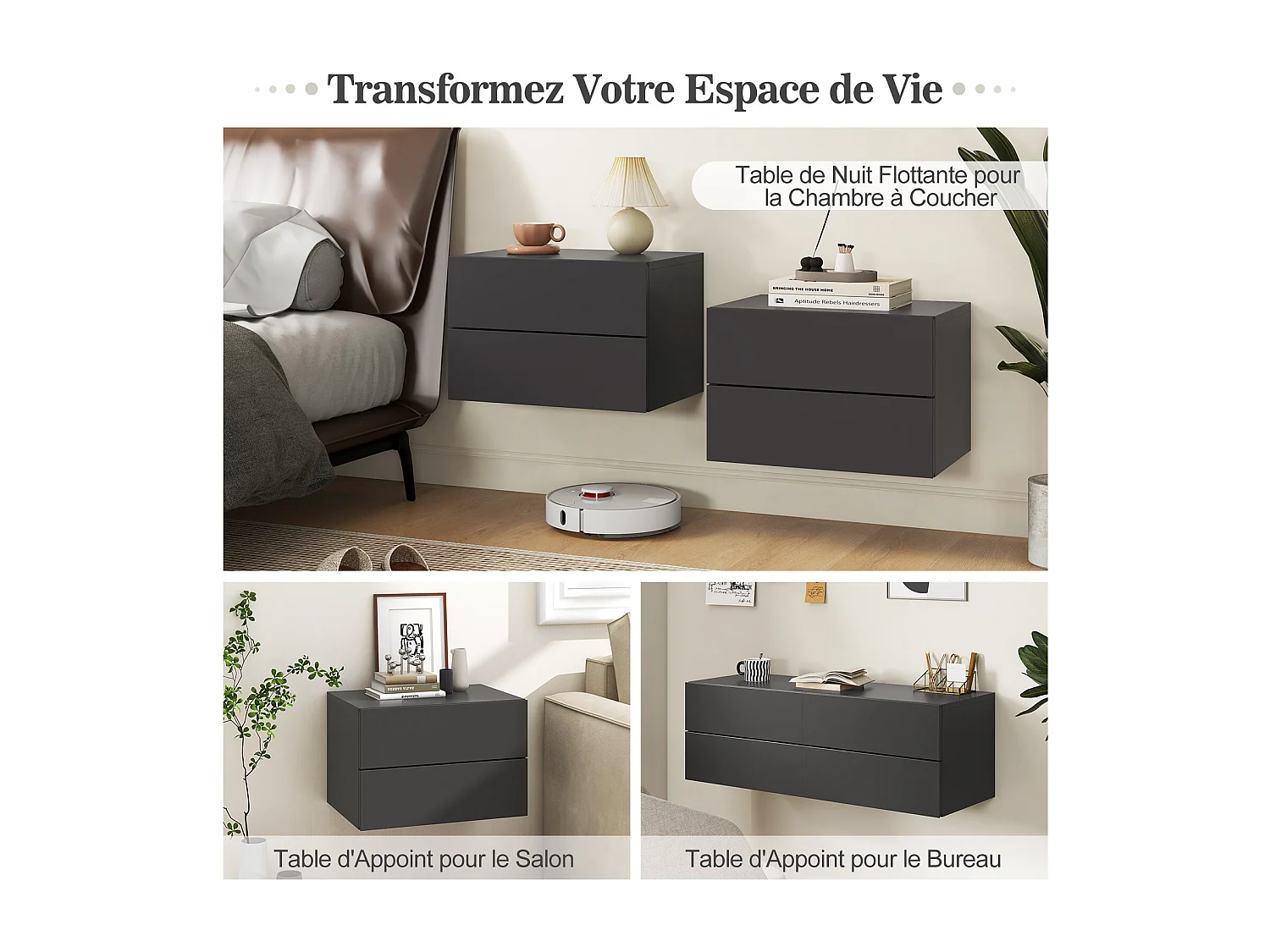 COSTWAY Table de Chevet Suspendue, avec 2 Tiroirs, Table de Nuit Flottante Moderne pour Chambre, Salon, Bureau, Gris