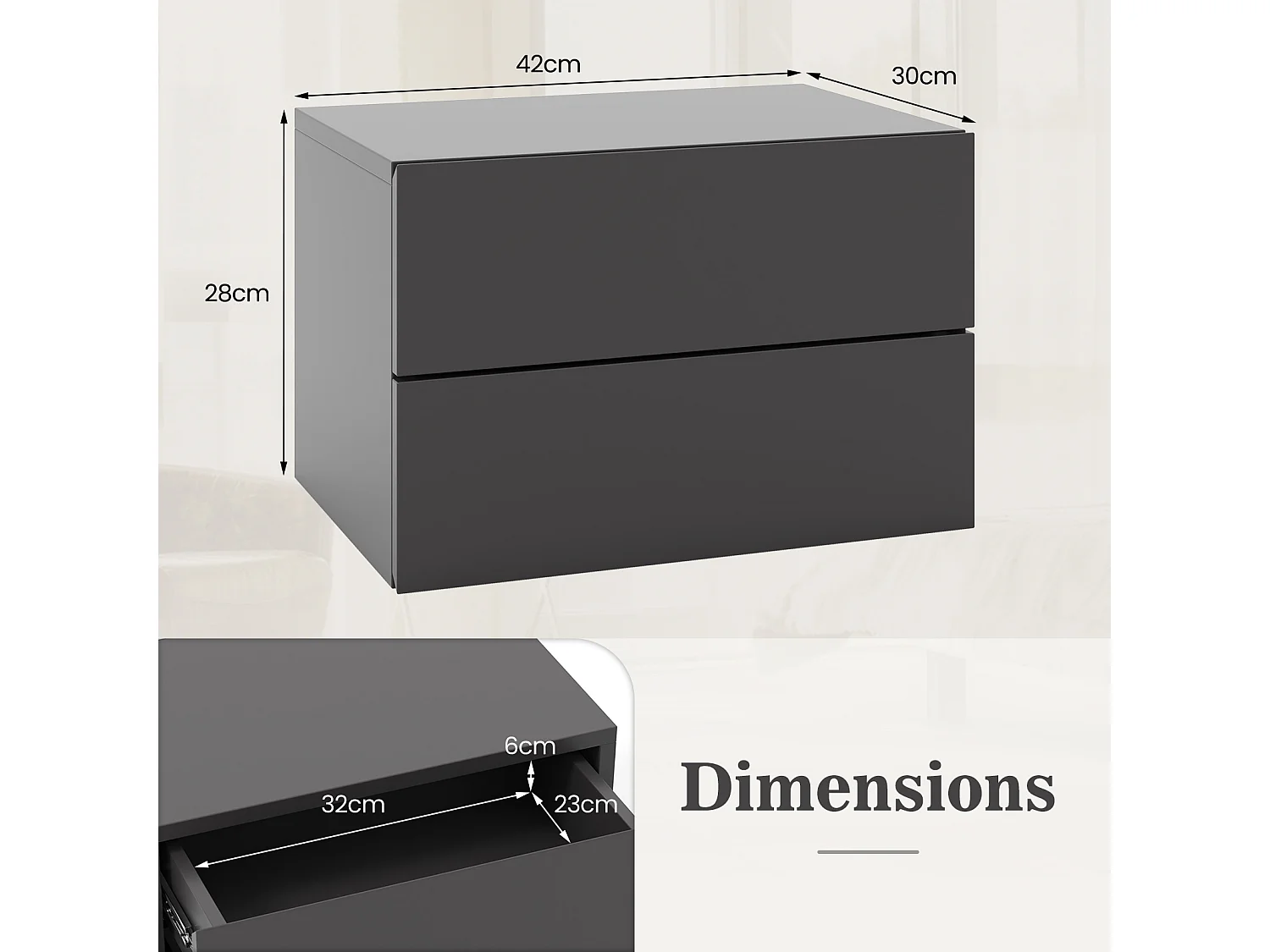 COSTWAY Table de Chevet Suspendue, avec 2 Tiroirs, Table de Nuit Flottante Moderne pour Chambre, Salon, Bureau, Gris