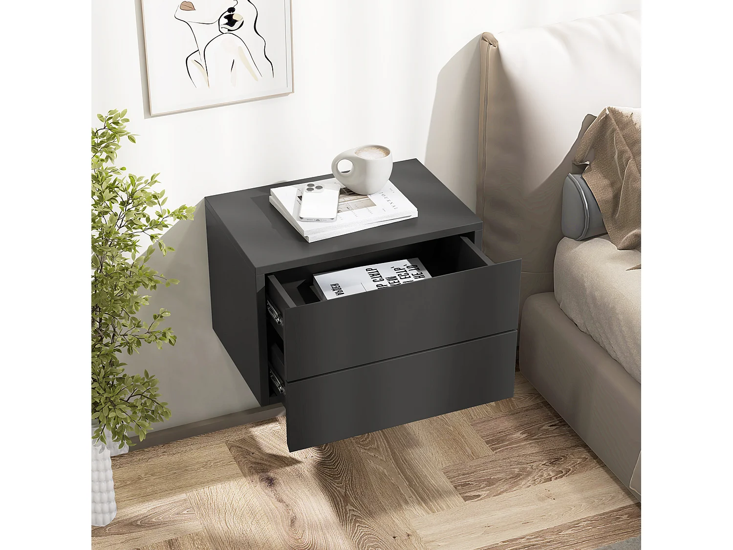 COSTWAY Table de Chevet Suspendue, avec 2 Tiroirs, Table de Nuit Flottante Moderne pour Chambre, Salon, Bureau, Gris