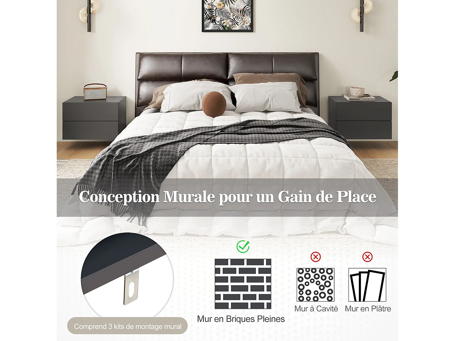 COSTWAY Table de Chevet Suspendue, avec 2 Tiroirs, Table de Nuit Flottante Moderne pour Chambre, Salon, Bureau, Gris