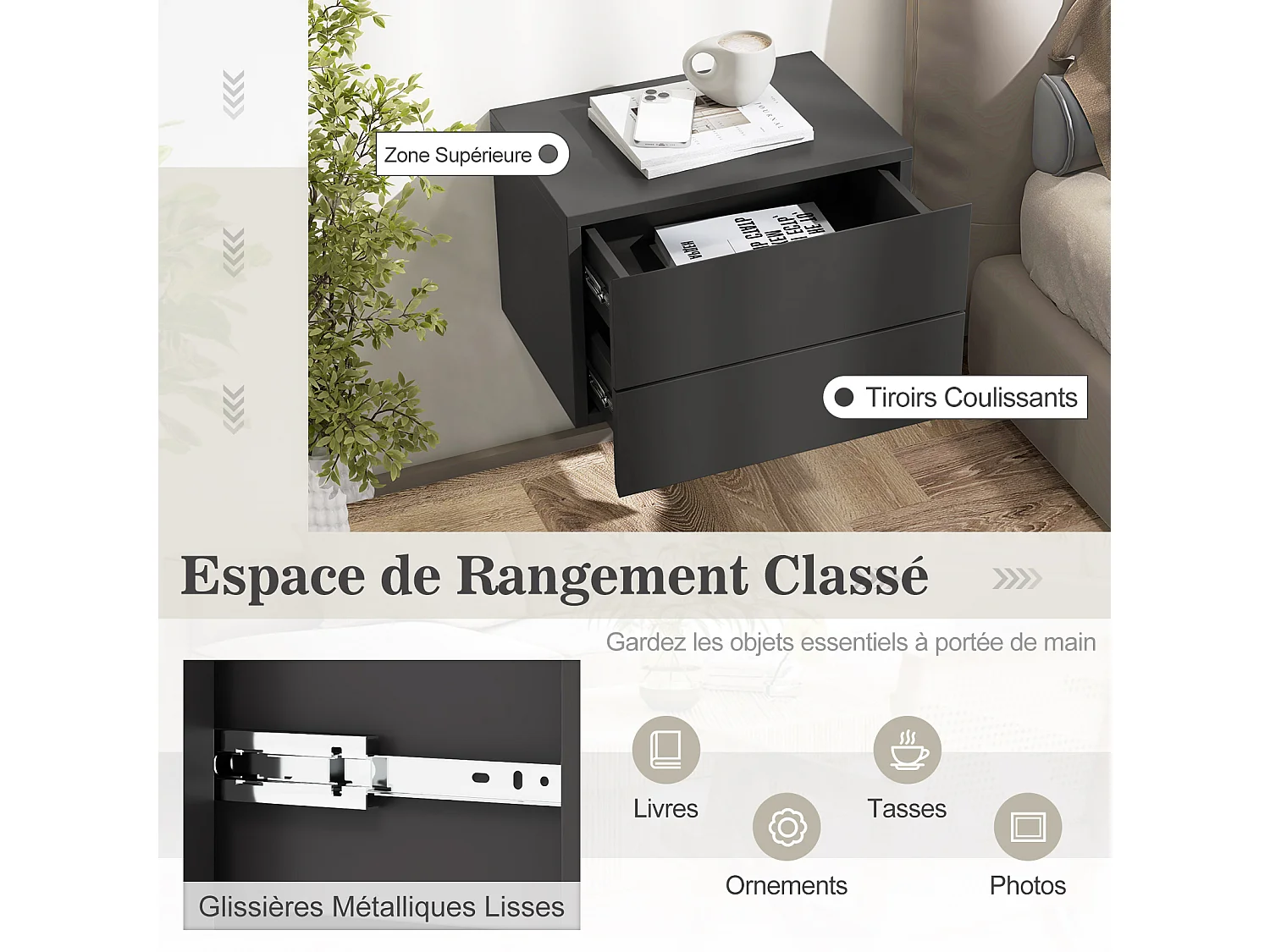 COSTWAY Table de Chevet Suspendue, avec 2 Tiroirs, Table de Nuit Flottante Moderne pour Chambre, Salon, Bureau, Gris