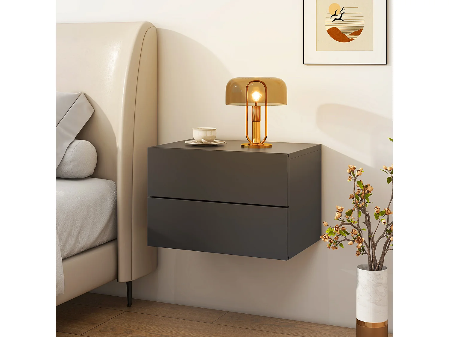 COSTWAY Table de Chevet Suspendue, avec 2 Tiroirs, Table de Nuit Flottante Moderne pour Chambre, Salon, Bureau, Gris