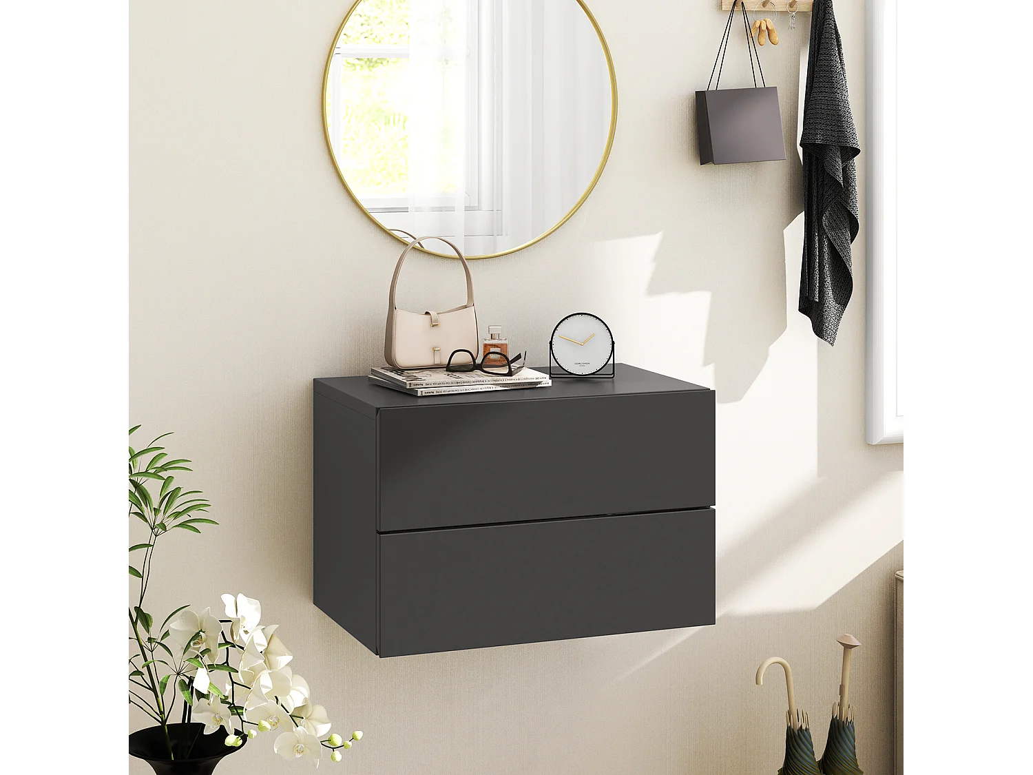 COSTWAY Table de Chevet Suspendue, avec 2 Tiroirs, Table de Nuit Flottante Moderne pour Chambre, Salon, Bureau, Gris