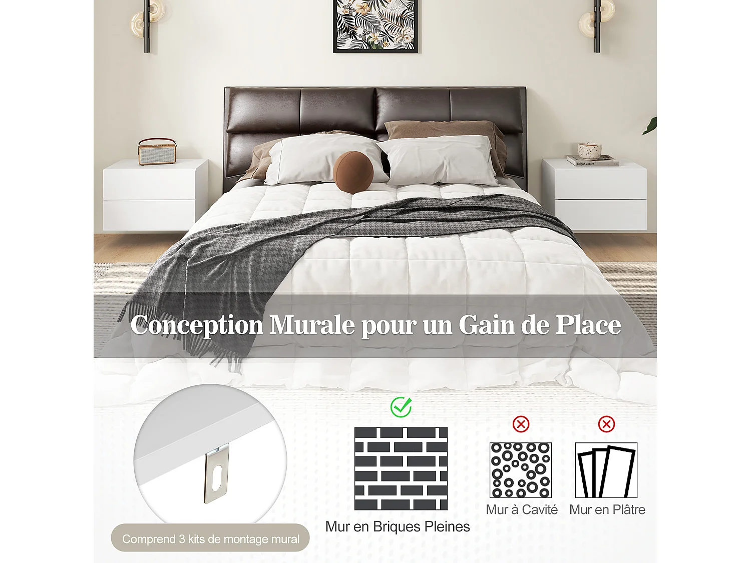 Table de Chevet Suspendue, avec 2 Tiroirs, Table de Nuit Flottante Moderne pour Chambre, Salon, Bureau, Blanc