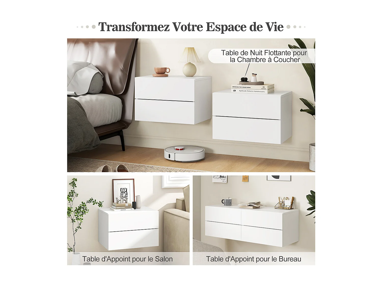 Table de Chevet Suspendue, avec 2 Tiroirs, Table de Nuit Flottante Moderne pour Chambre, Salon, Bureau, Blanc