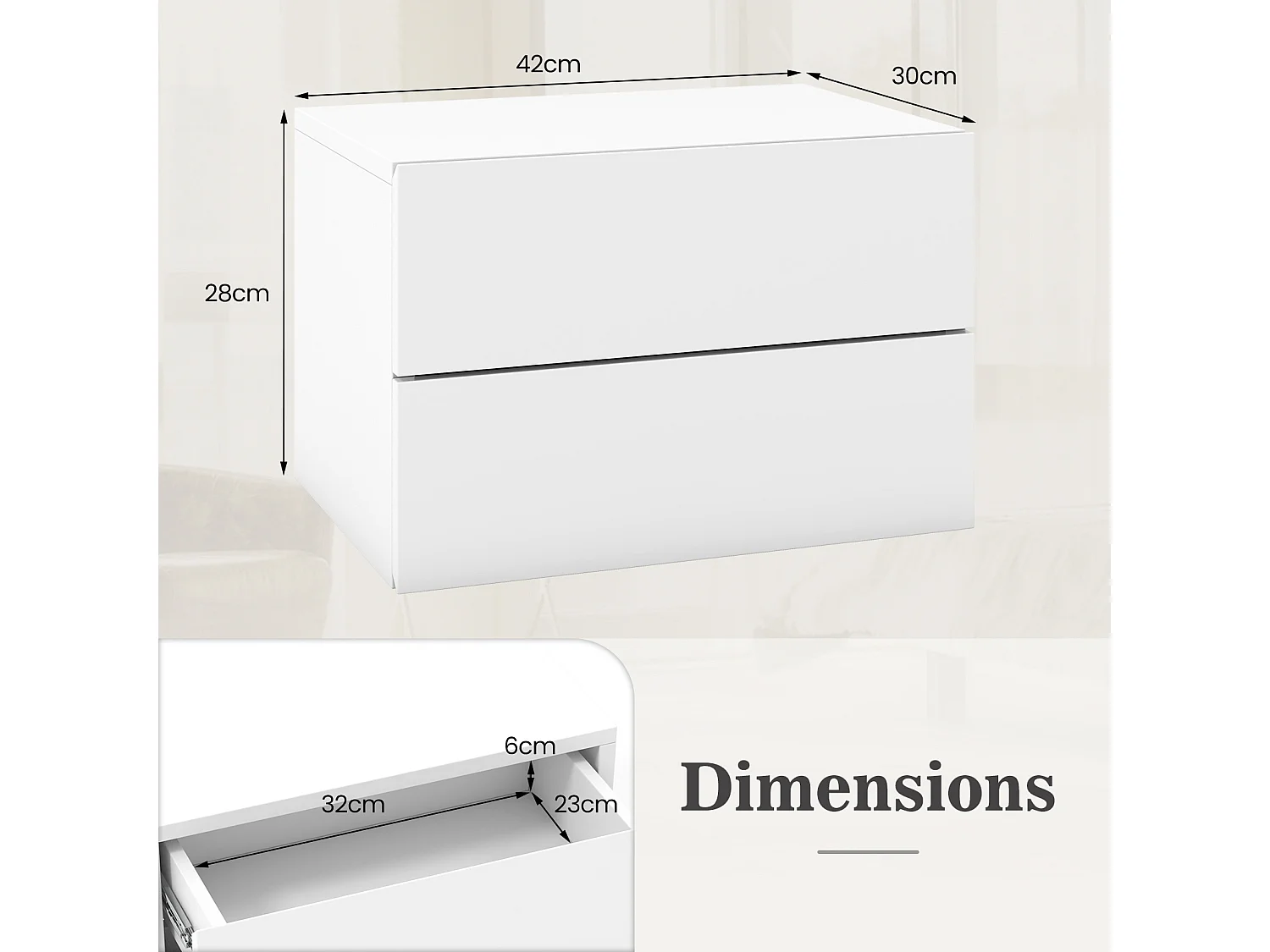 Table de Chevet Suspendue, avec 2 Tiroirs, Table de Nuit Flottante Moderne pour Chambre, Salon, Bureau, Blanc