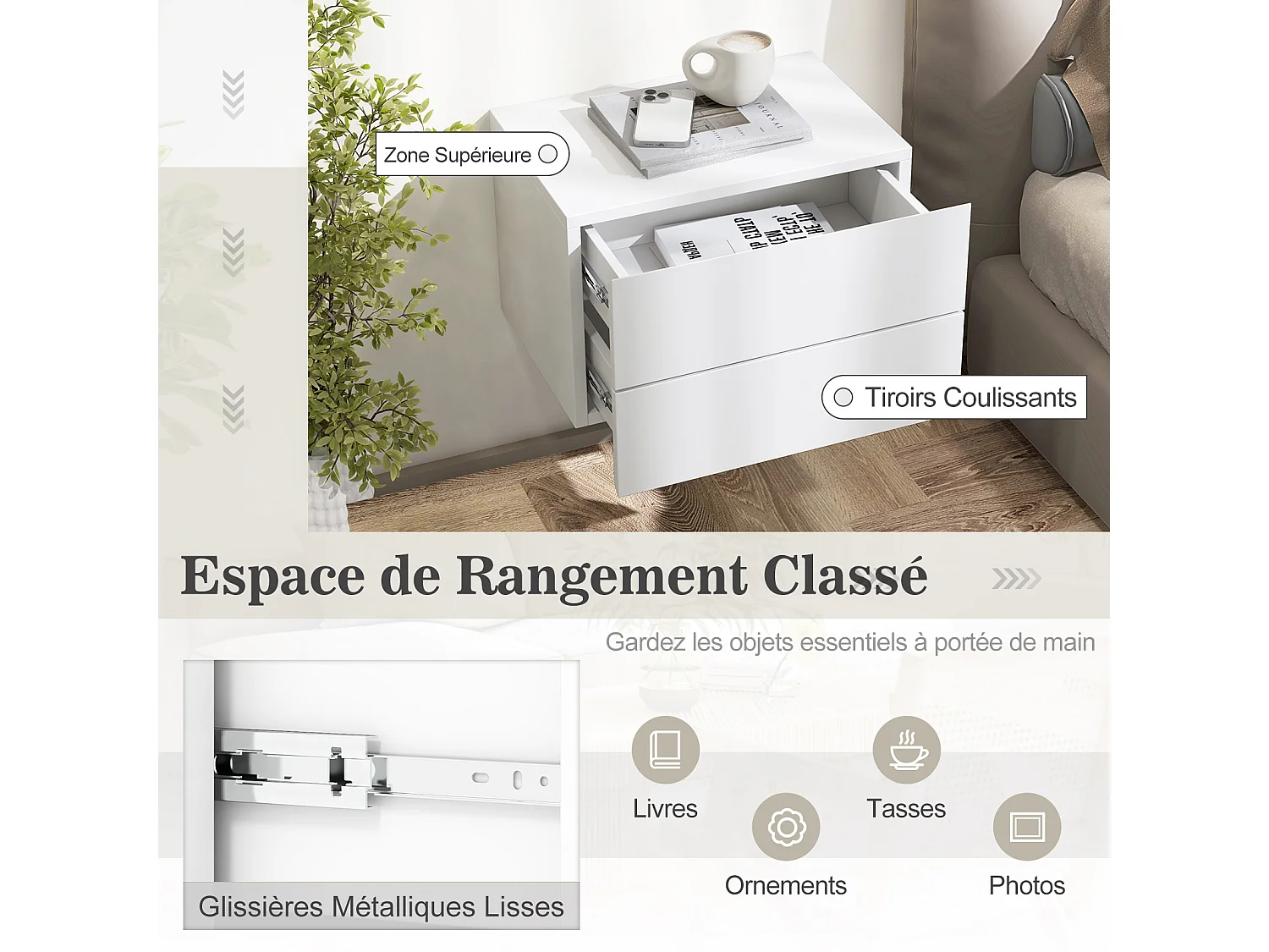 Table de Chevet Suspendue, avec 2 Tiroirs, Table de Nuit Flottante Moderne pour Chambre, Salon, Bureau, Blanc