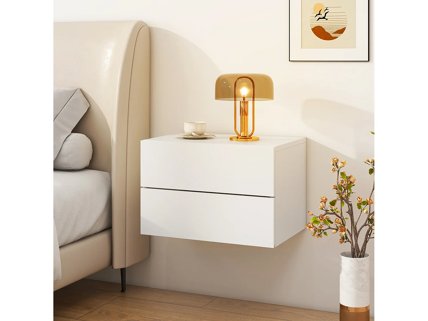 Table de Chevet Suspendue, avec 2 Tiroirs, Table de Nuit Flottante Moderne pour Chambre, Salon, Bureau, Blanc