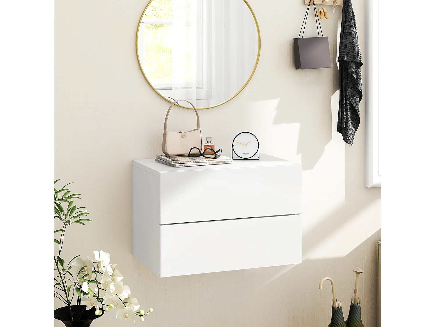 Table de Chevet Suspendue, avec 2 Tiroirs, Table de Nuit Flottante Moderne pour Chambre, Salon, Bureau, Blanc