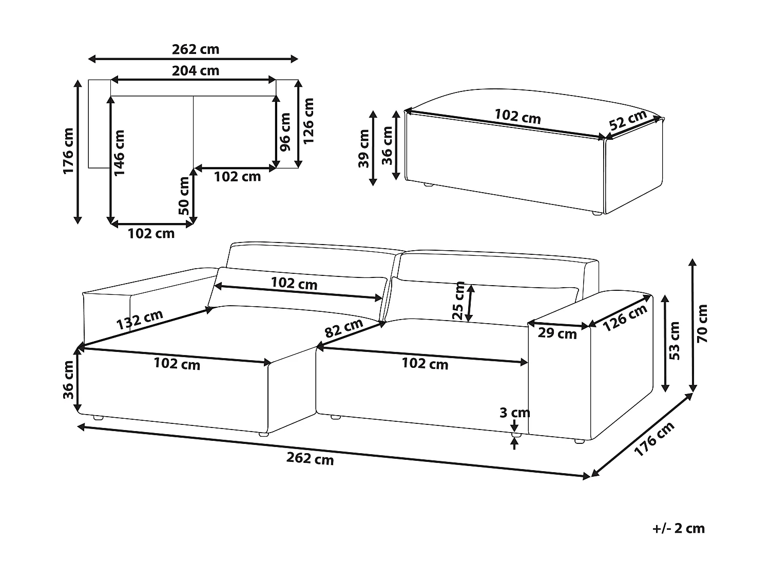 Modul 2-Sitzer Ecksofa Samt beige Chaiselongue rechts Ottomane Kissen Hellnar