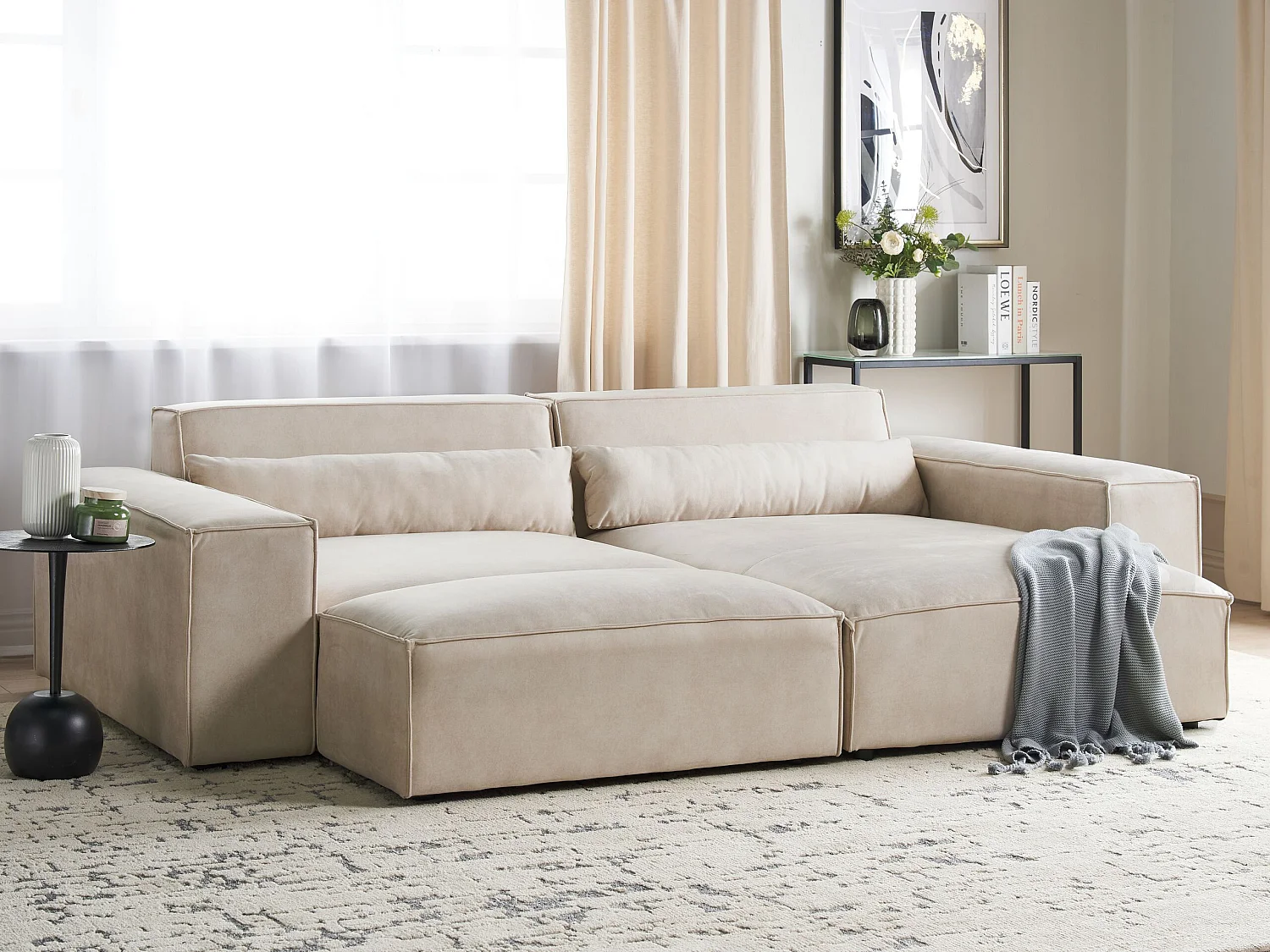 Modul 2-Sitzer Ecksofa Samt beige Chaiselongue links Ottomane Kissen Hellnar