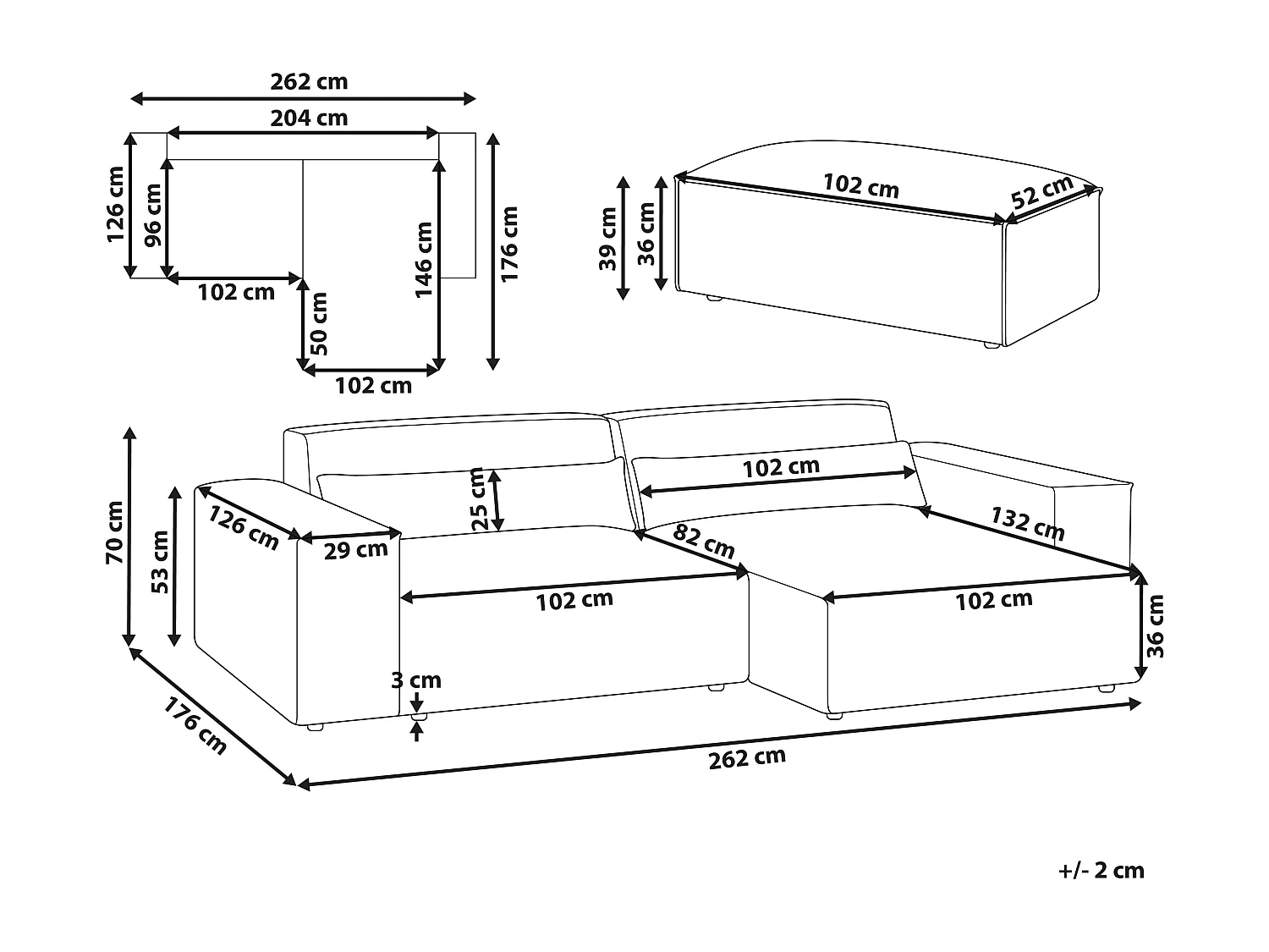 Modul 2-Sitzer Ecksofa Samt beige Chaiselongue links Ottomane Kissen Hellnar
