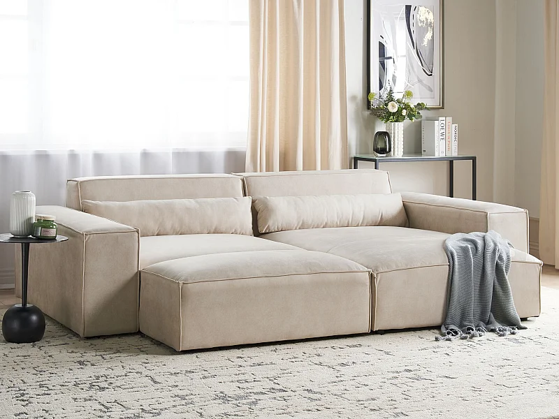 Modul 2-Sitzer Ecksofa Samt beige Chaiselongue links Ottomane Kissen Hellnar
