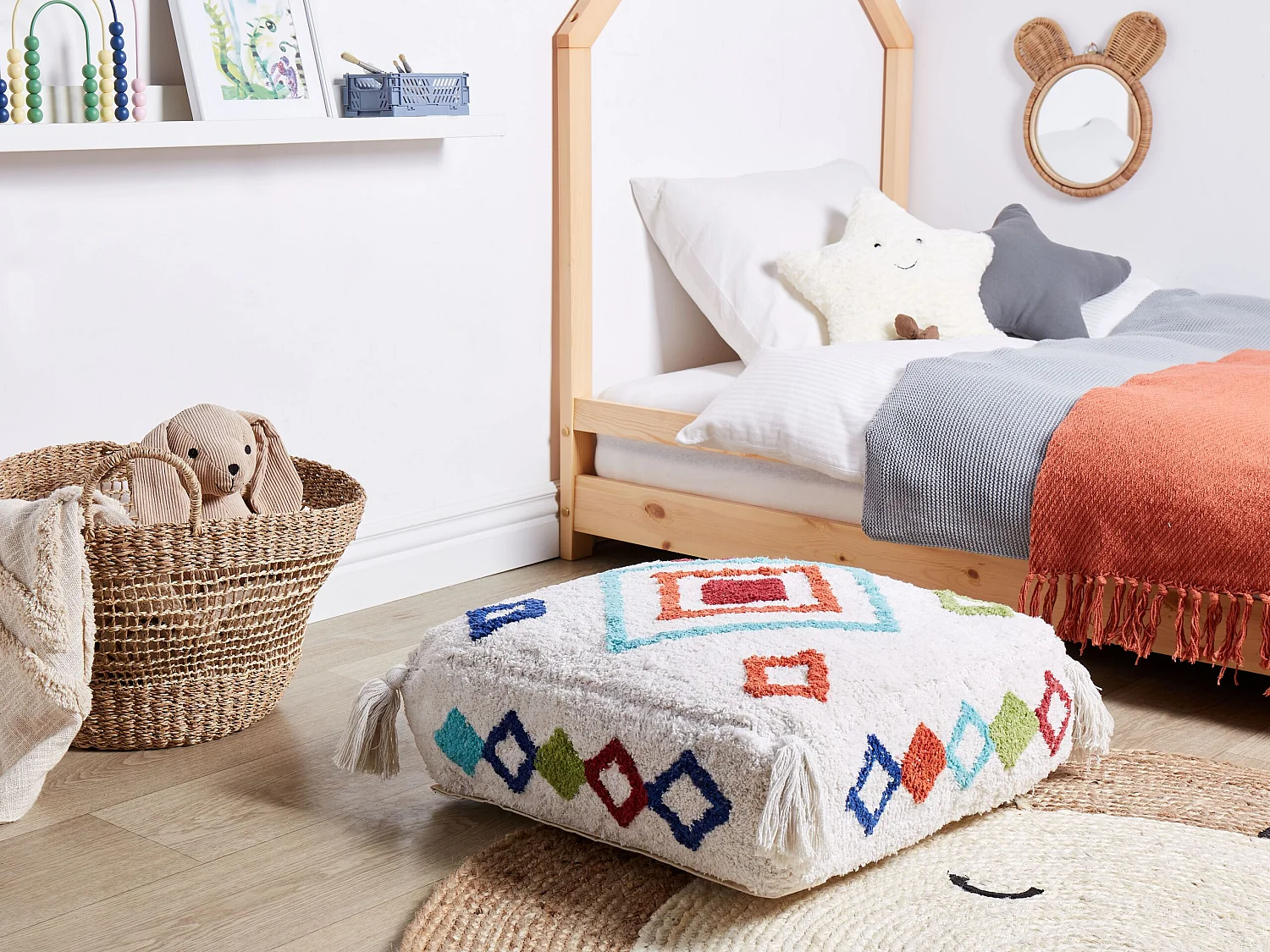 Pouf Ricamato SEERANI Cotone Bianco 55 cm 55 cm 20 cm