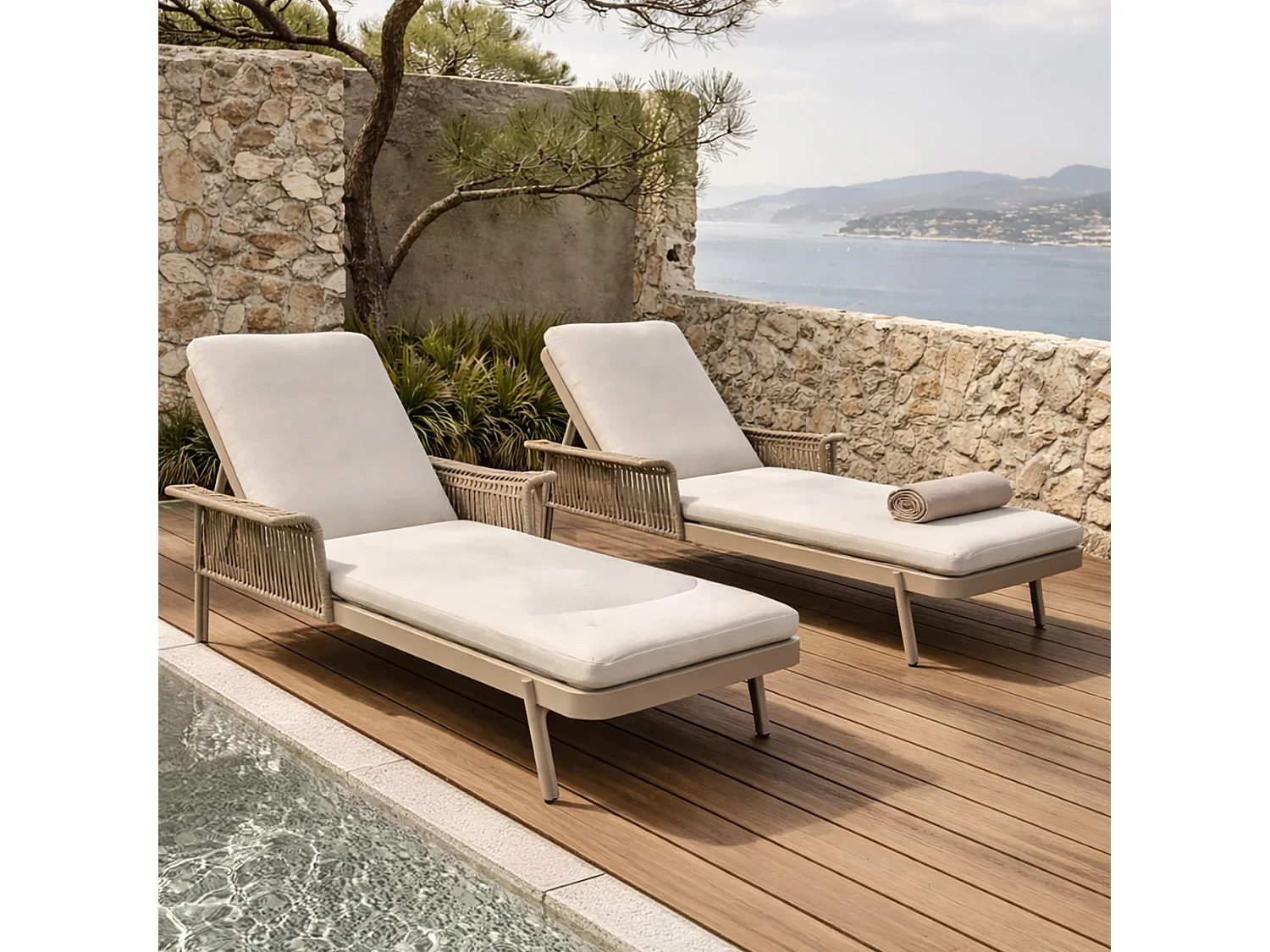 Now's Home - Lot 2 Chaises Longues Alu Sable Tissu Oléfine 200x100x54.5cm Figari