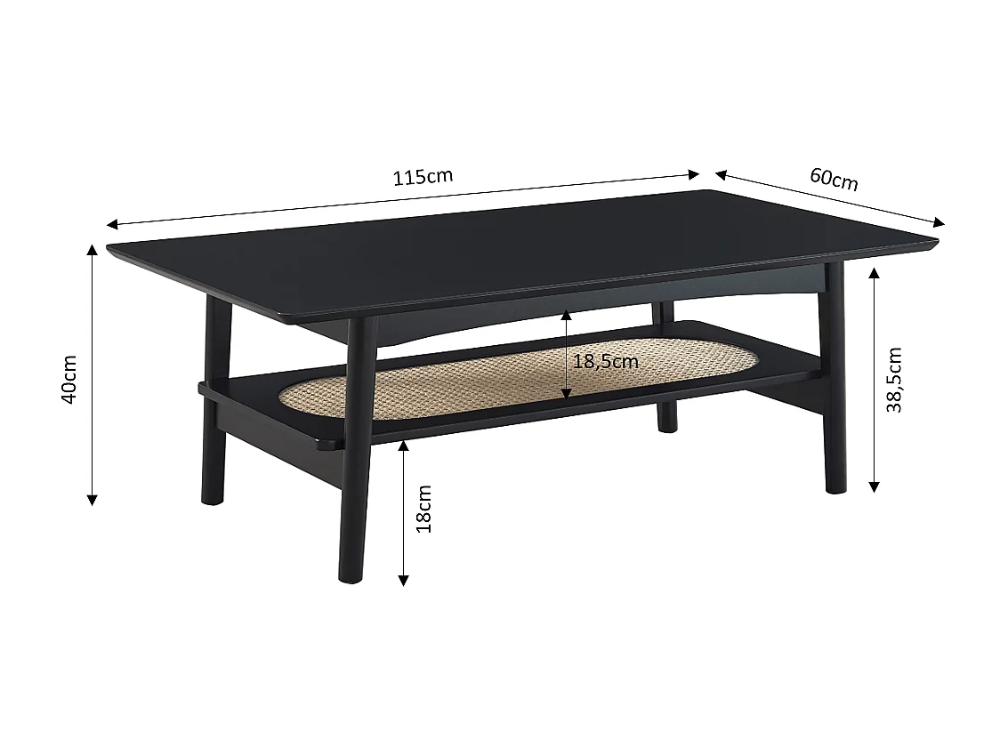 Table basse noire et cannage rotin ZÉOLITE