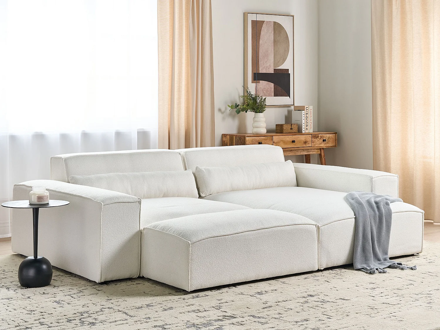 Canapé d'angle modulable HELLNAR Bouclé Blanc cassé avec ottoman 2 places Côté gauche