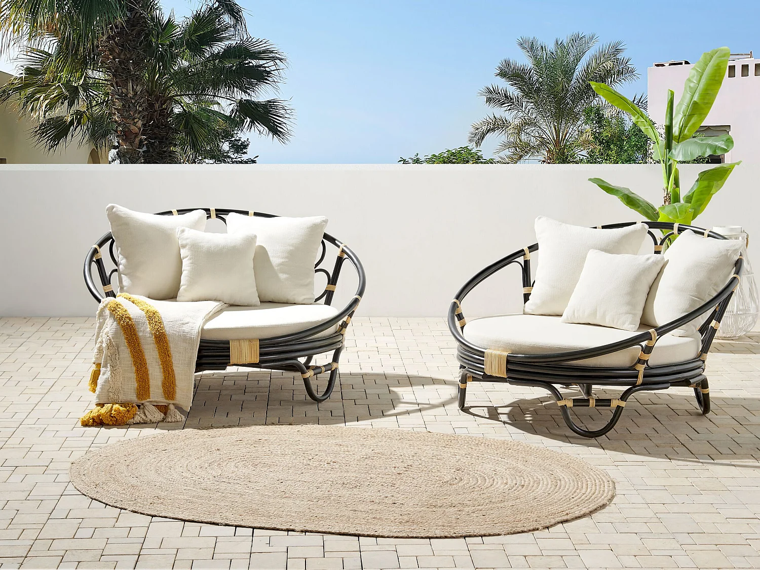 Garten Sonneninsel 2er Set Rattan schwarz Auflagen beige Loungemöbel Rossano