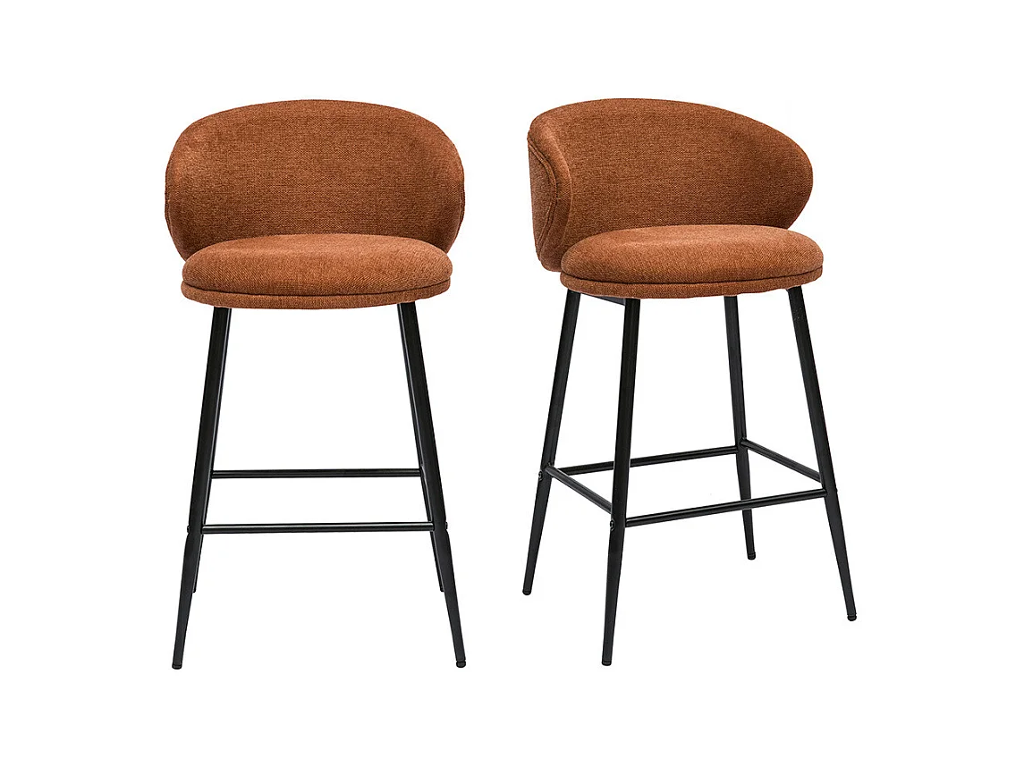 Tabourets de bar design en tissu effet velours texturé terre brûlée et métal noir (lot de 2) ROSALIE