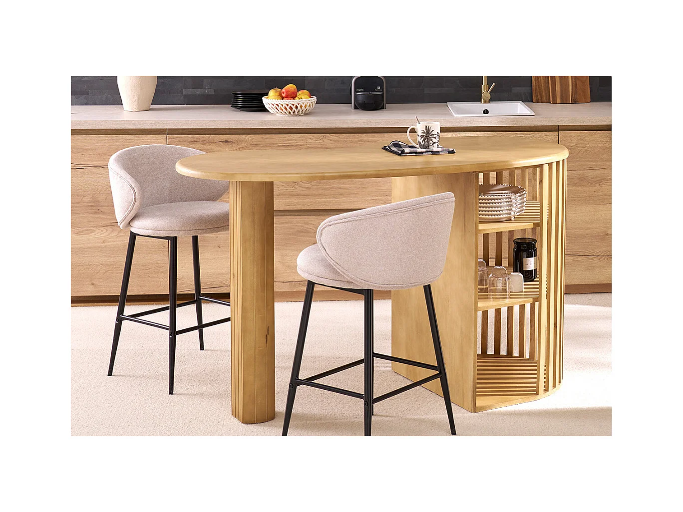 Tabourets de bar design en tissu effet velours texturé terre brûlée et métal noir (lot de 2) ROSALIE