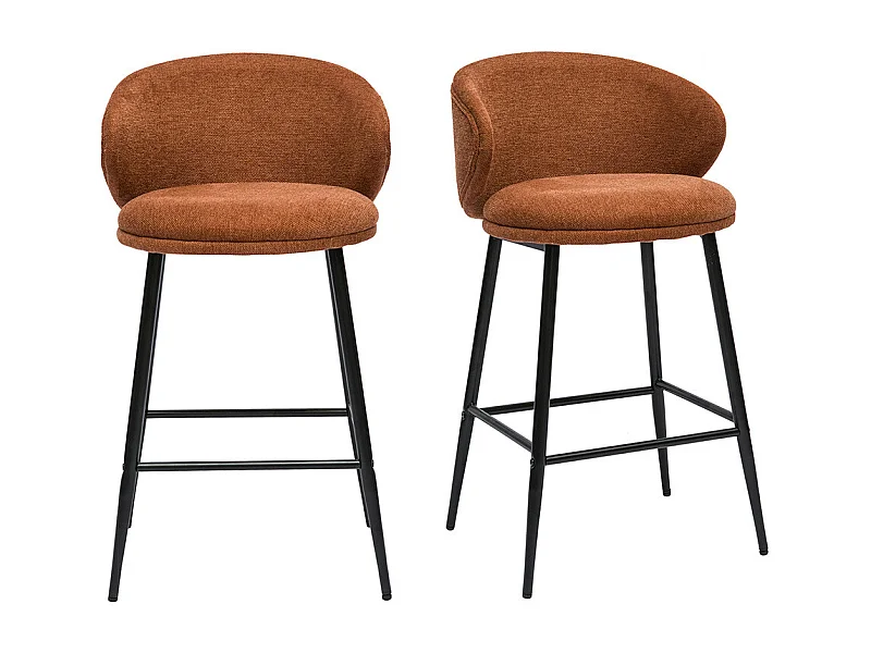 Design-Barkhocker aus Textur-Veloursstoff in verbrannter Erde und schwarzem Metall (Set von 2) ROSALIE