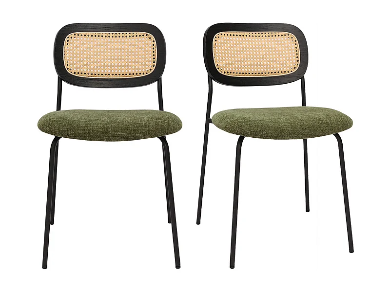Sillas de diseño de terciopelo texturizado verde caqui, metal negro y rejilla de ratán (juego de 2) MIRANDA