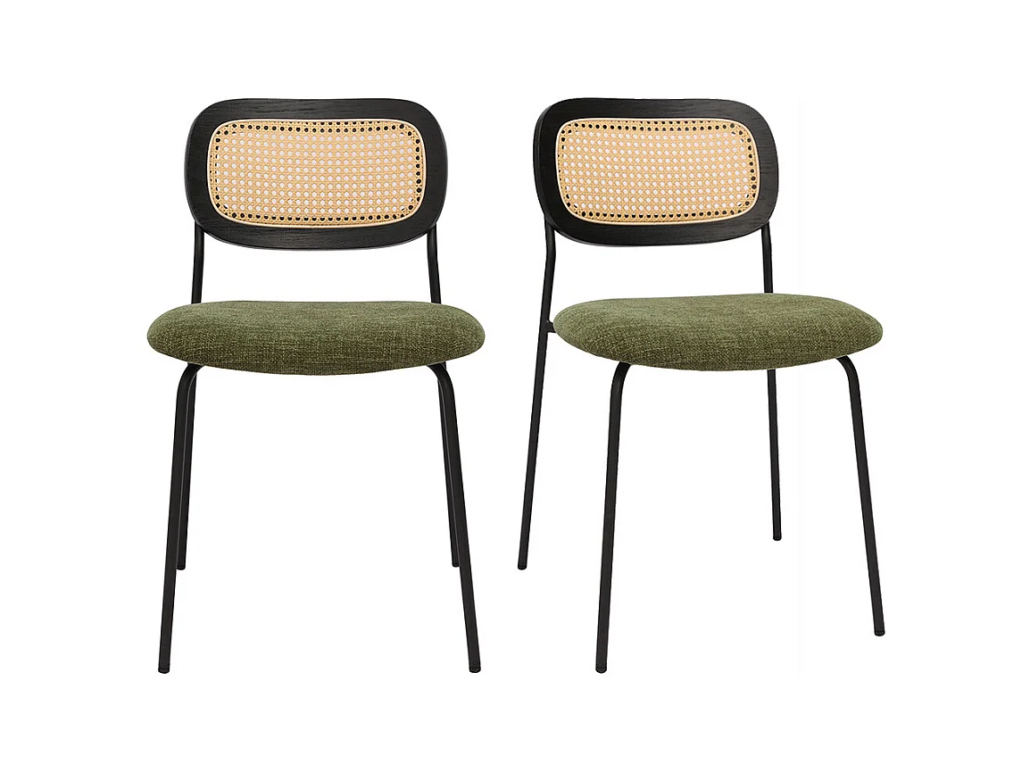 Chaises design en tissu effet velours texturé vert kaki, métal noir et cannage rotin (lot de 2) MIRANDA
