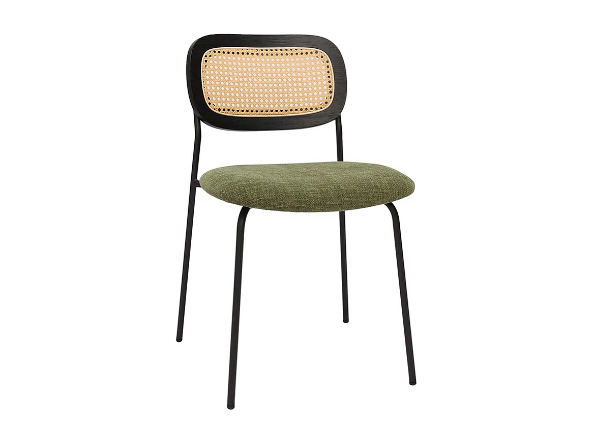 Chaises design en tissu effet velours texturé vert kaki, métal noir et cannage rotin (lot de 2) MIRANDA