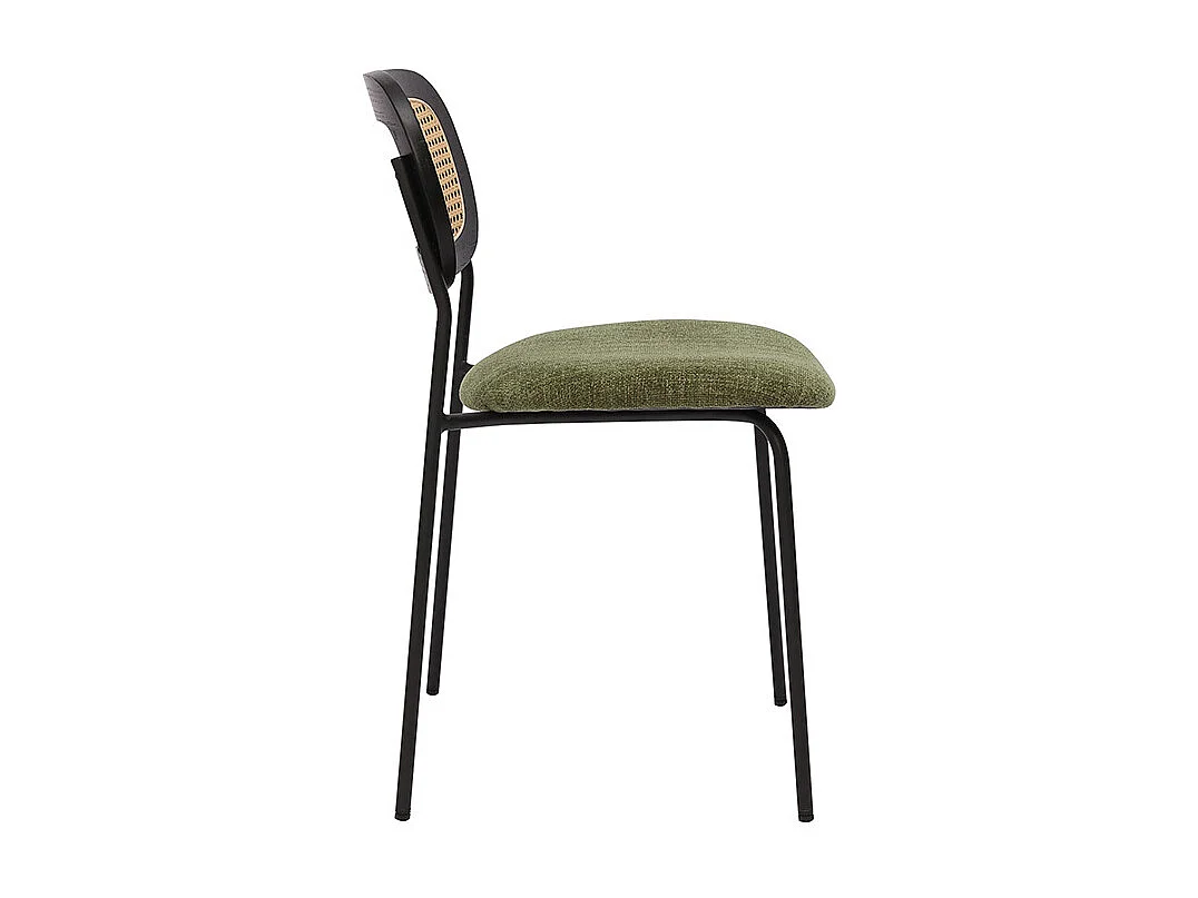 Chaises design en tissu effet velours texturé vert kaki, métal noir et cannage rotin (lot de 2) MIRANDA