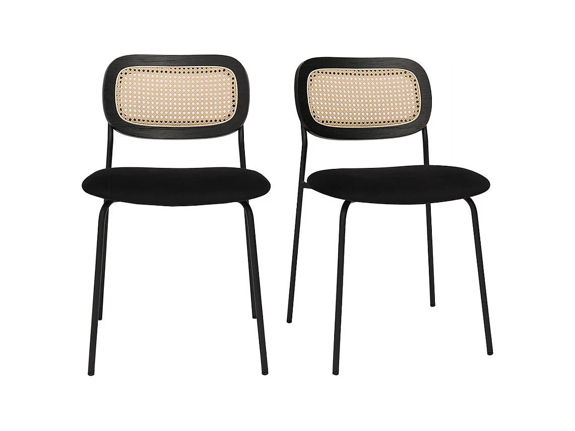Chaises design en velours noir, métal noir et cannage rotin (lot de 2) MIRANDA