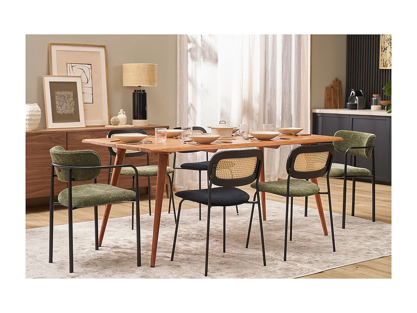 Chaises design en velours noir, métal noir et cannage rotin (lot de 2) MIRANDA