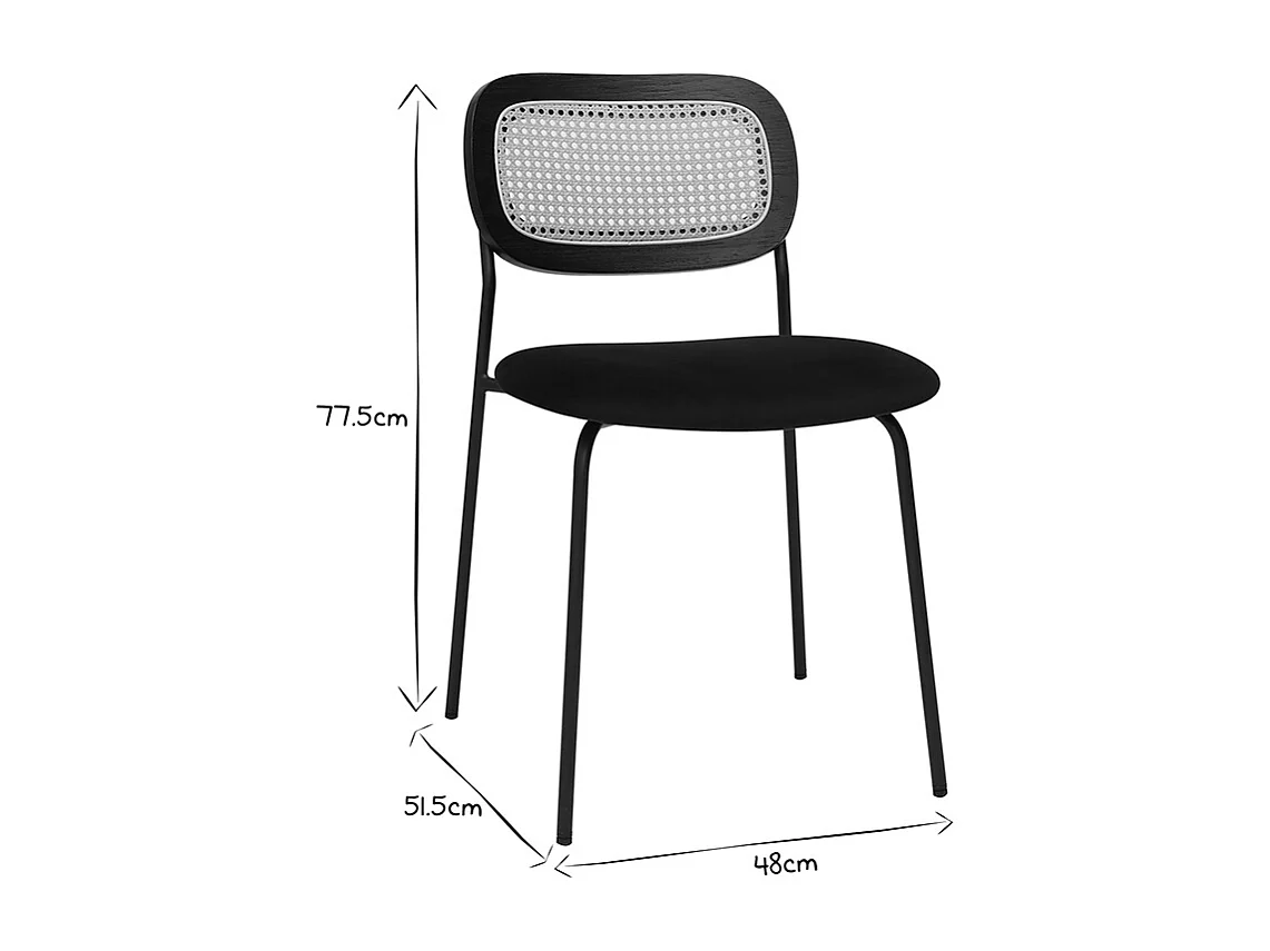 Chaises design en velours noir, métal noir et cannage rotin (lot de 2) MIRANDA