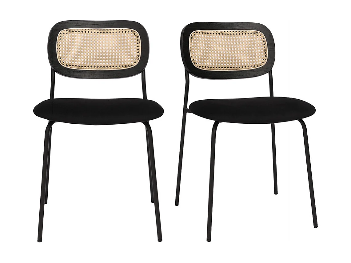 Chaises design en velours noir, métal noir et cannage rotin (lot de 2) MIRANDA
