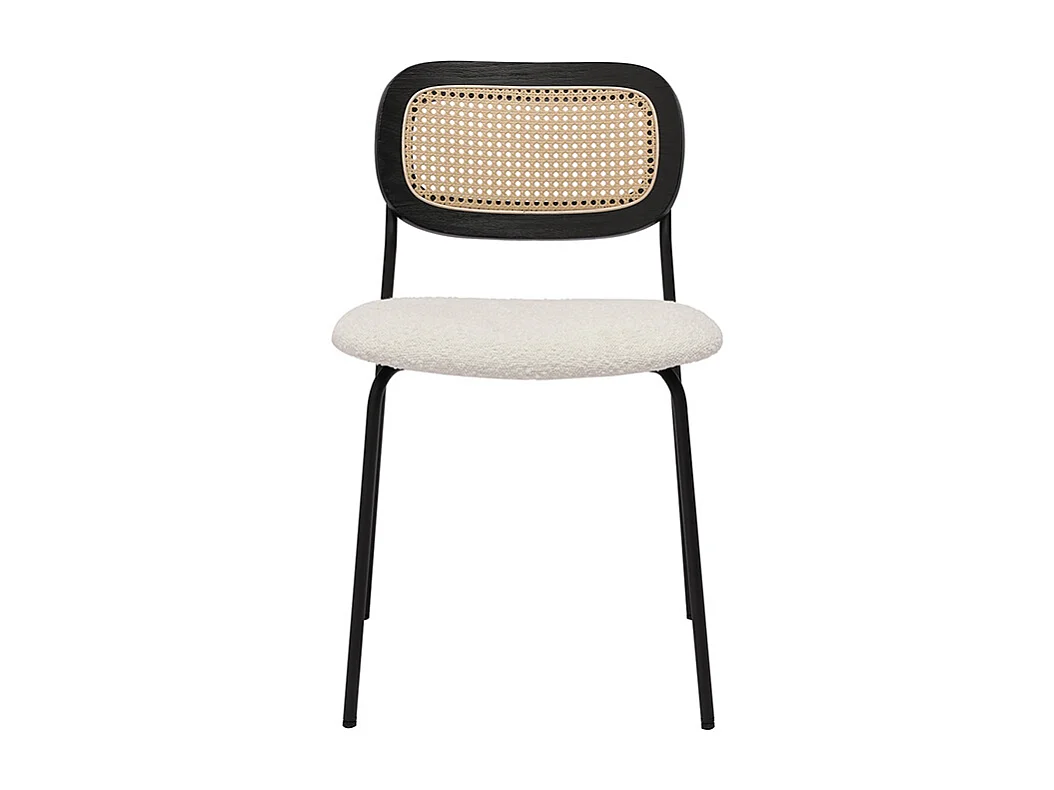 Designstühle aus weißem Schlingenwollstoff, schwarzem Metall und Rattanflechtwerk (Set von 2) MIRANDA