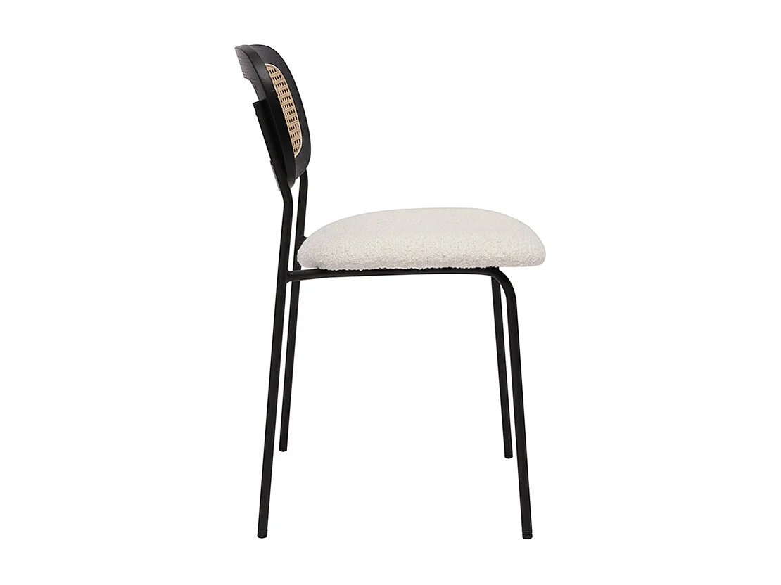 Designstühle aus weißem Schlingenwollstoff, schwarzem Metall und Rattanflechtwerk (Set von 2) MIRANDA