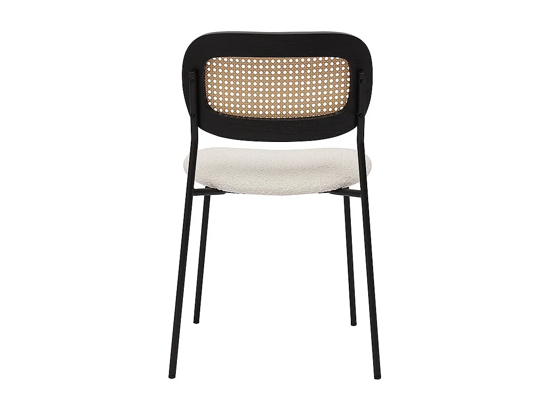 Designstühle aus weißem Schlingenwollstoff, schwarzem Metall und Rattanflechtwerk (Set von 2) MIRANDA