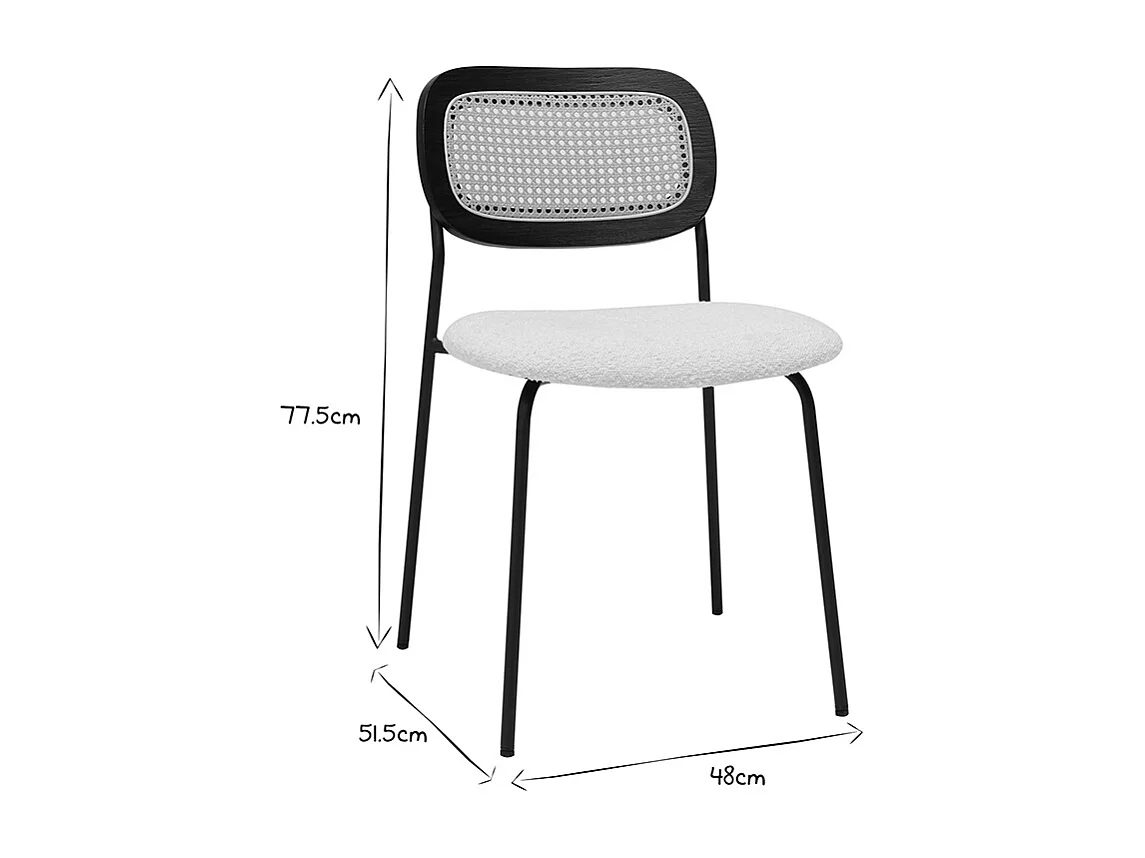 Designstühle aus weißem Schlingenwollstoff, schwarzem Metall und Rattanflechtwerk (Set von 2) MIRANDA