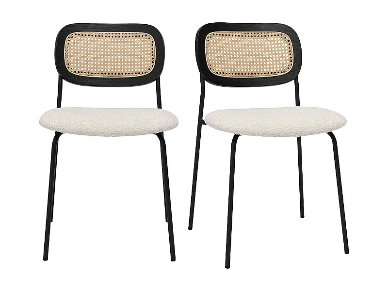 Chaises design en tissu effet laine bouclée blanc, métal noir et cannage rotin (lot de 2) MIRANDA