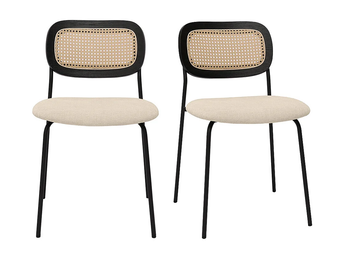 Designstühle aus beigem Textur-Veloursstoff, schwarzem Metall und Rattan-Geflecht (2er-Set) MIRANDA