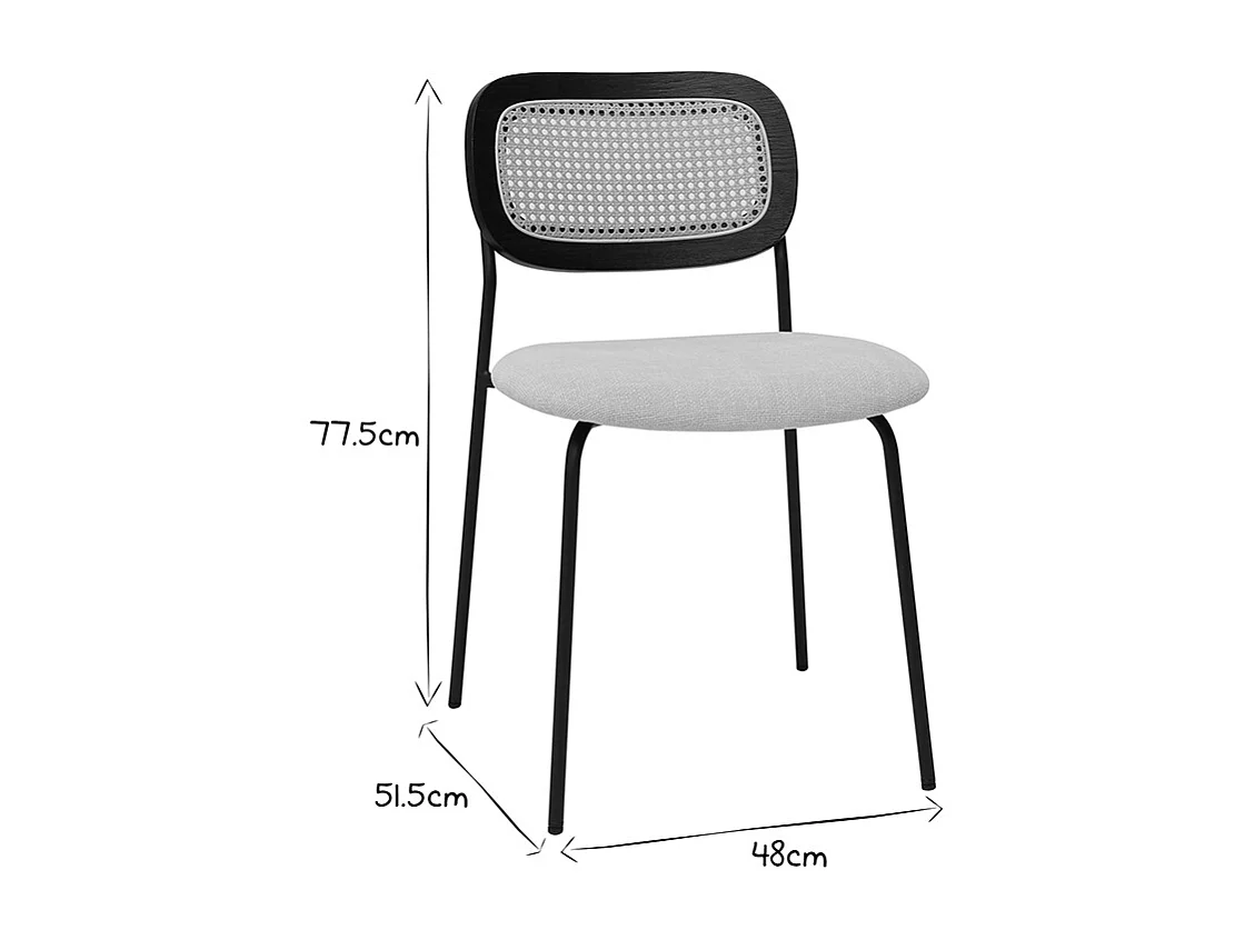 Designstühle aus beigem Textur-Veloursstoff, schwarzem Metall und Rattan-Geflecht (2er-Set) MIRANDA