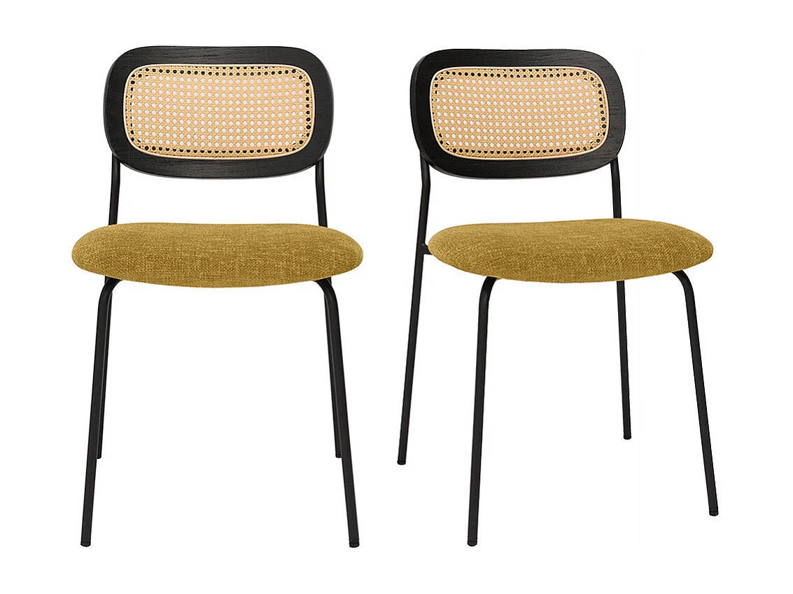 Designstühle aus texturiertem Samteffekt in Bronze, schwarzes Metall und Rattan-Geflecht (2er-Set) MIRANDA