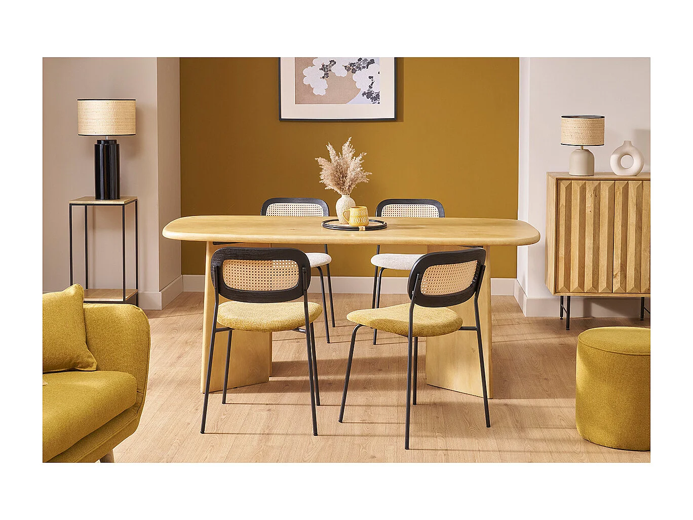 Designstühle aus texturiertem Samteffekt in Bronze, schwarzes Metall und Rattan-Geflecht (2er-Set) MIRANDA