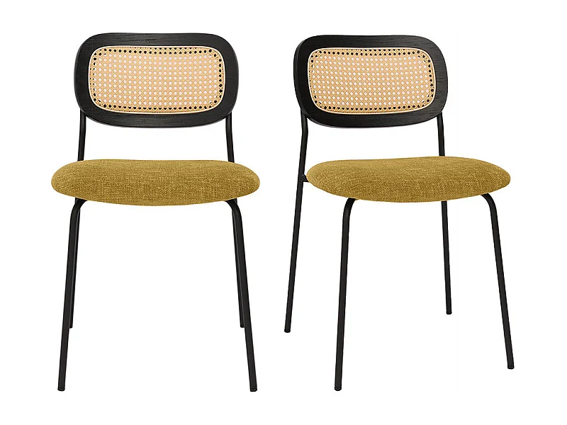 Sedie design in tessuto effetto velluto testurizzato color bronzo, metallo nero e intreccio in rattan (set di 2) MIRANDA