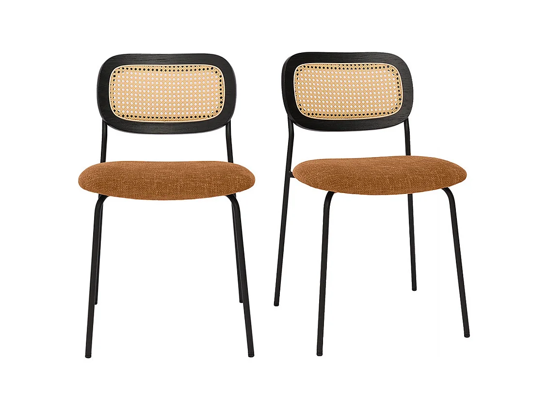 Chaises design en tissu effet velours texturé terre brulée, métal noir et cannage rotin (lot de 2) MIRANDA