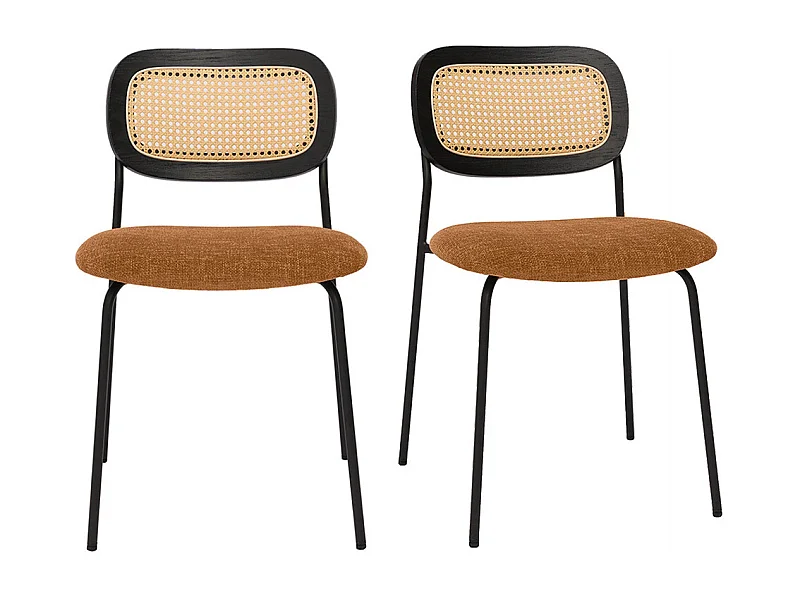 Chaises design en tissu effet velours texturé terre brulée, métal noir et cannage rotin (lot de 2) MIRANDA